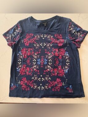 Lucky Brand Floral Graphic Tee XL Navy Boho Short Sleeve Top